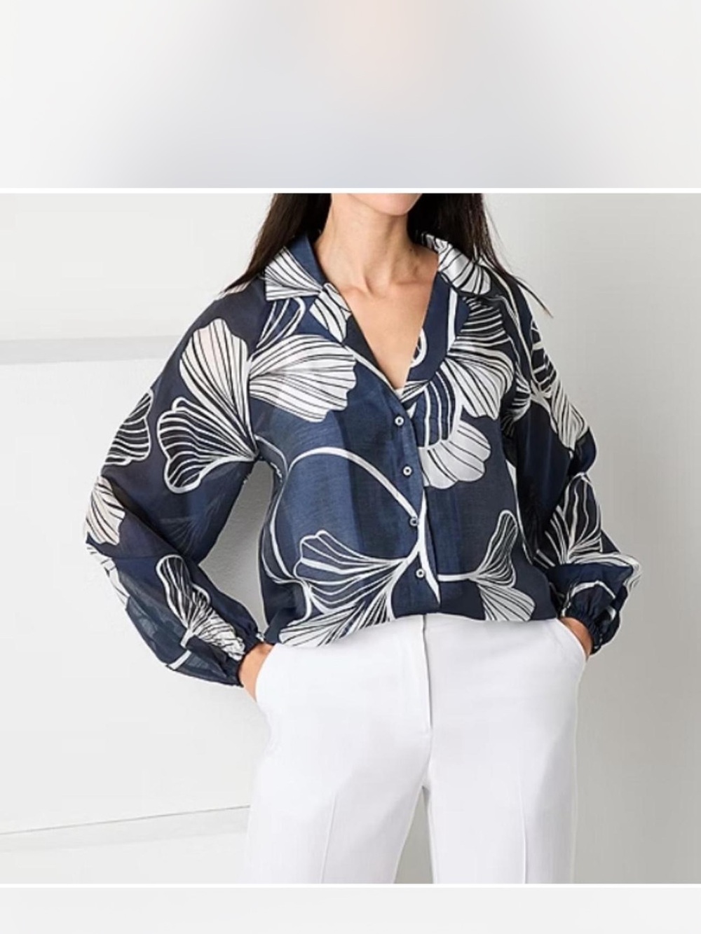 Worthington Navy Blue & White Floral Lyocell Button Front Blouse Small NWT